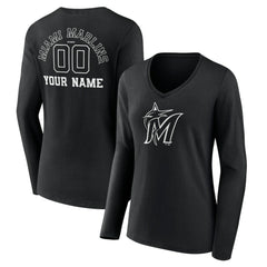 Miami Marlins Women's Monochrome Personalized Name & Number Long Sleeve V-Neck T-Shirt Near Me