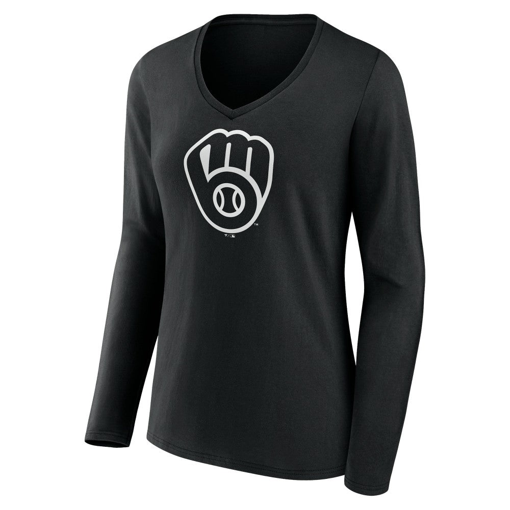 Milwaukee Brewers Women's Monochrome Personalized Name & Number Long Sleeve V-Neck T-Shirt for sale