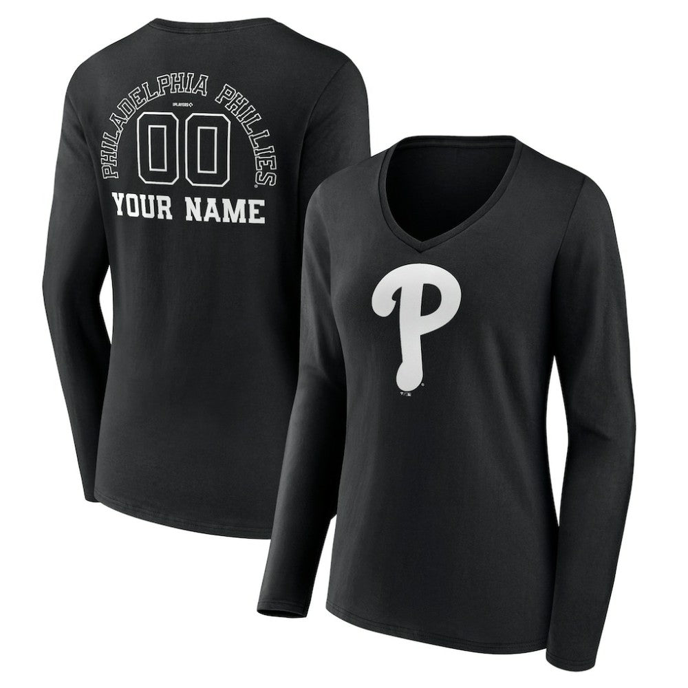Philadelphia Phillies Women's Monochrome Personalized Name & Number Long Sleeve V-Neck T-Shirt for sale