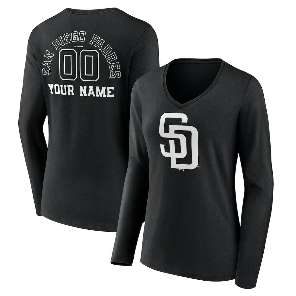 San Diego Padres Women's Monochrome Personalized Name & Number Long Sleeve V-Neck T-Shirt Sale