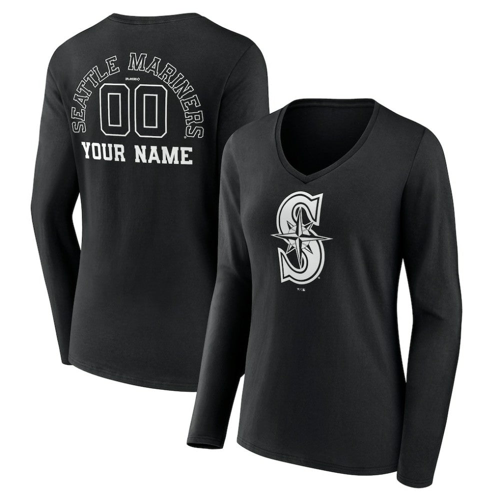 Seattle Mariners Women's Monochrome Personalized Name & Number Long Sleeve V-Neck T-Shirt Discount