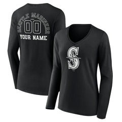 Seattle Mariners Women's Monochrome Personalized Name & Number Long Sleeve V-Neck T-Shirt Discount