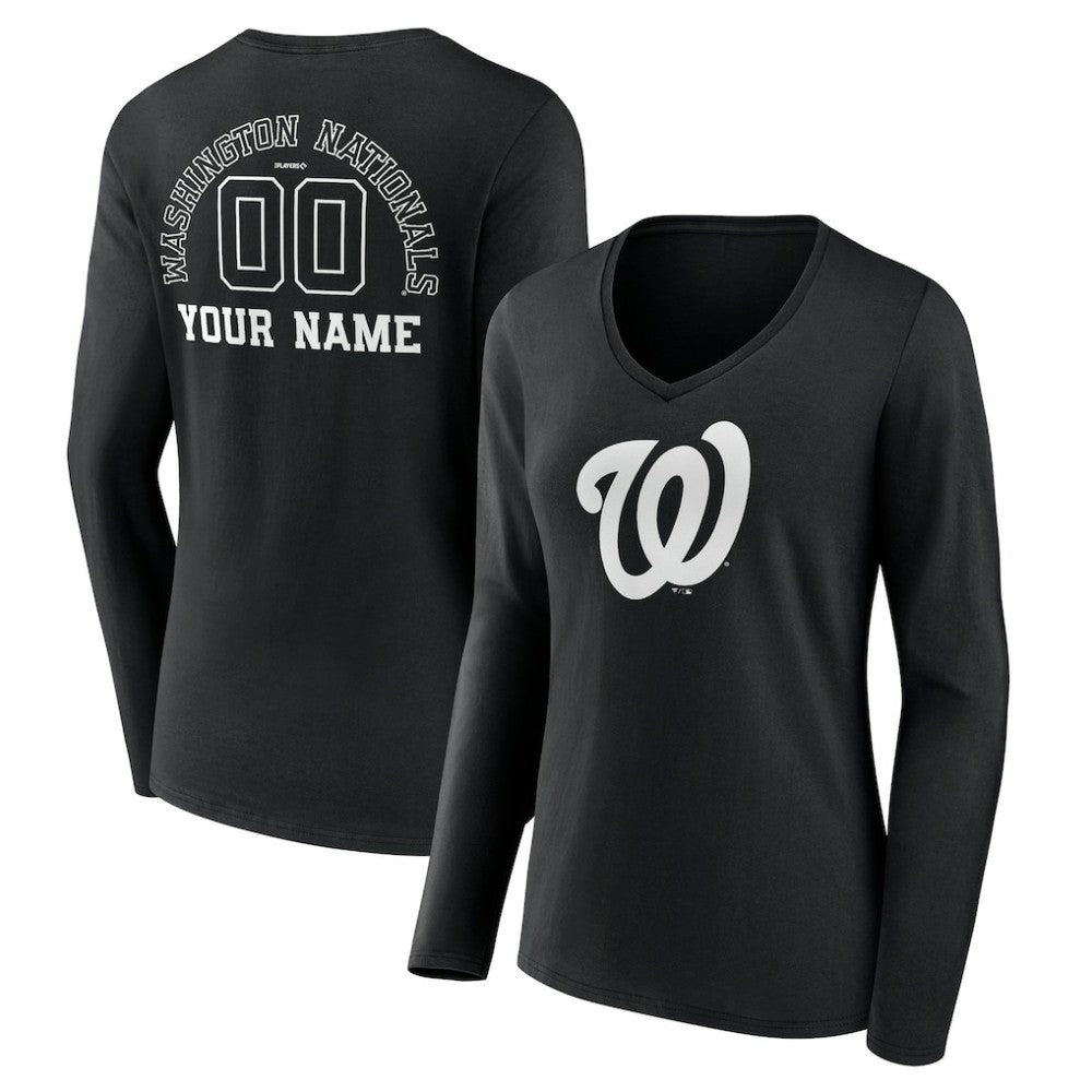 Washington Nationals Women's Monochrome Personalized Name & Number Long Sleeve V-Neck T-Shirt Outlet