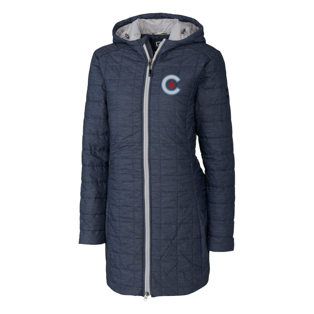 Chicago Cubs Cutter & Buck Women's City Connect Rainier PrimaLoft Eco Insulated Hooded Long Coat for sale