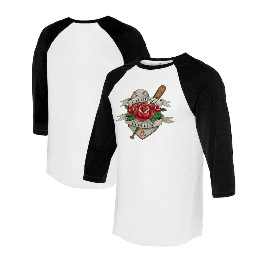 Baltimore Orioles Tiny Turnip Unisex Tattoo Rose 3/4-Sleeve Raglan T-Shirt Outlet
