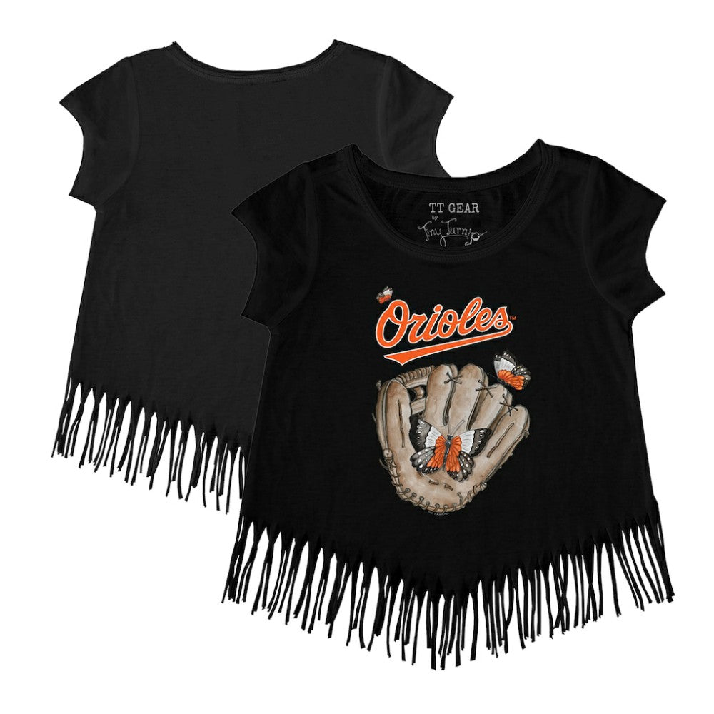 Baltimore Orioles Tiny Turnip Girls Youth Butterfly Glove Fringe T-Shirt Sale