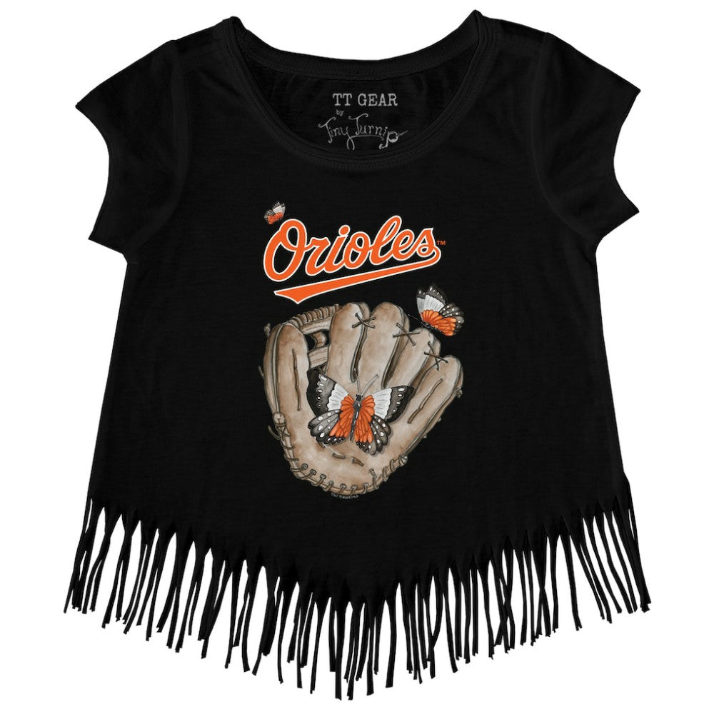Baltimore Orioles Tiny Turnip Girls Youth Butterfly Glove Fringe T-Shirt Sale