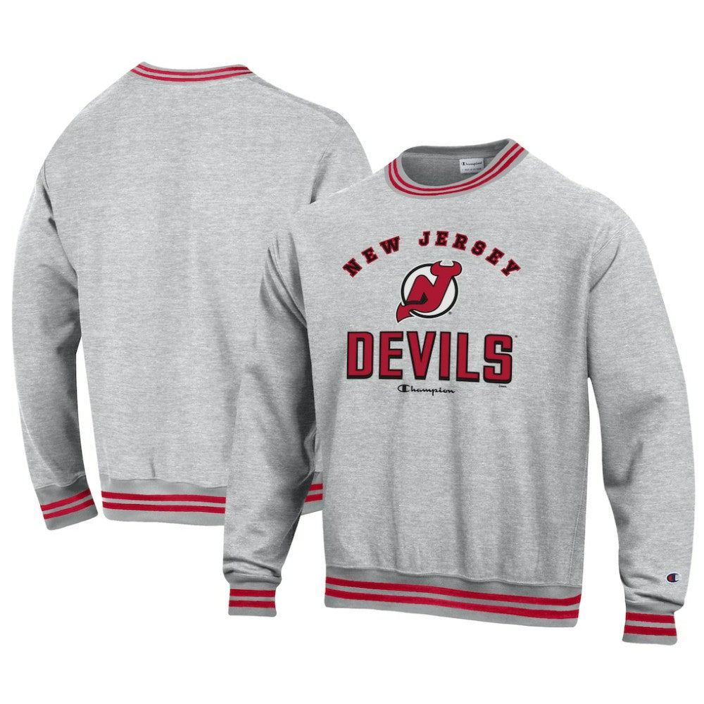 New Jersey Devils Champion Reverse Weave Yarn Dye Pullover Sweatshirt - Heather Gray | NHL Clearance