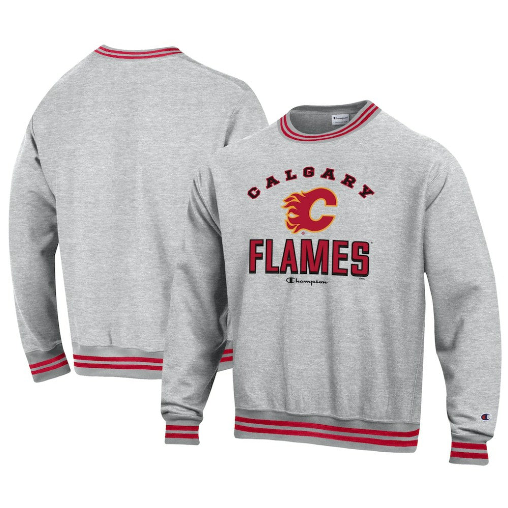 Calgary Flames Champion Reverse Weave Yarn Dye Pullover Sweatshirt - Heather Gray | NHL Clearance