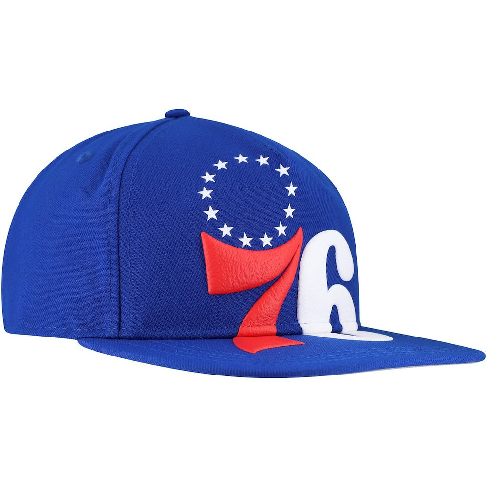 New Era Philadelphia 76ers Oversized Puff Print Logo Golfer Snapback Hat Royal