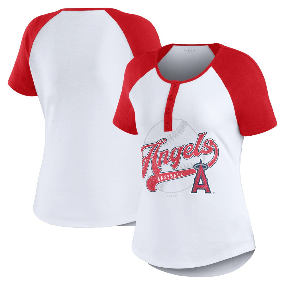 Los Angeles Angels WEAR by Erin Andrews Women's Fitted Henley Raglan T-Shirt Near Me