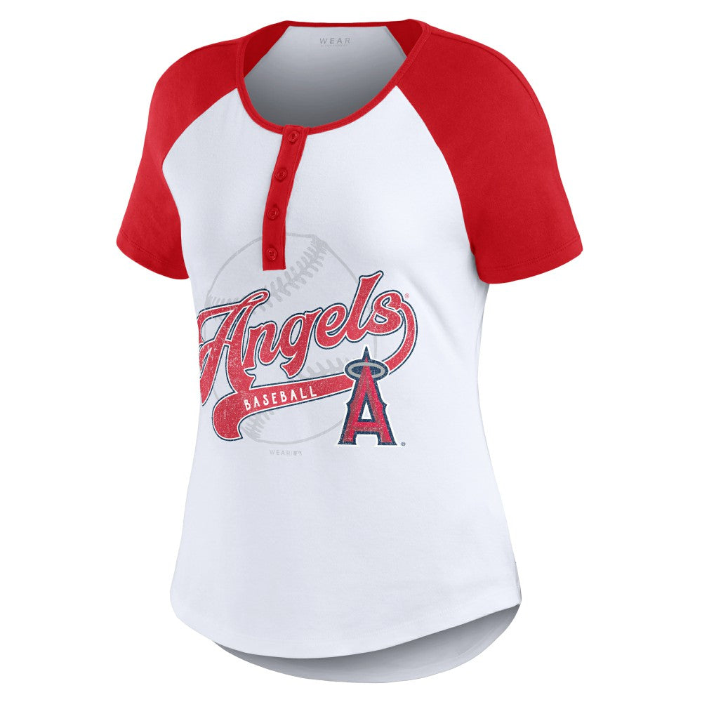 Los Angeles Angels WEAR by Erin Andrews Women's Fitted Henley Raglan T-Shirt Near Me