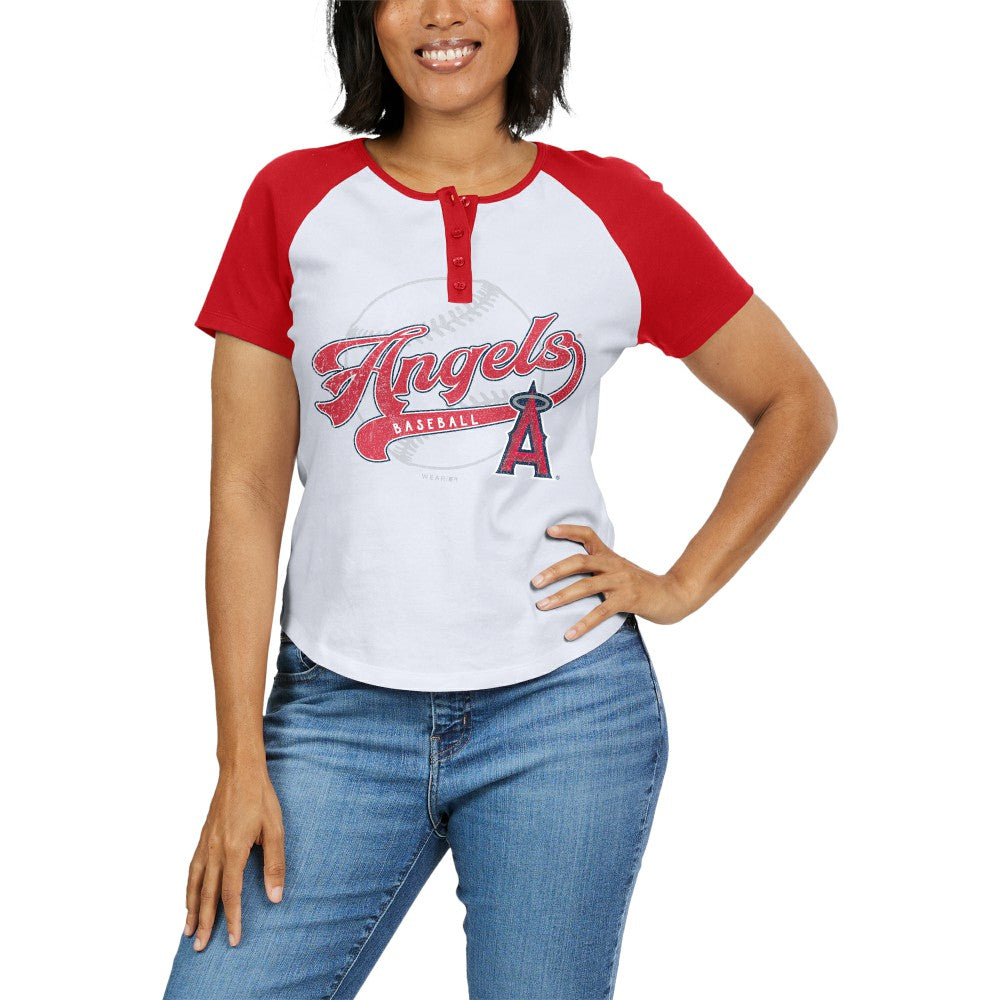 Los Angeles Angels WEAR by Erin Andrews Women's Fitted Henley Raglan T-Shirt Near Me