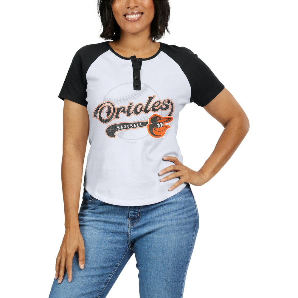 Baltimore Orioles WEAR by Erin Andrews Women's Fitted Henley Raglan T-Shirt for sale