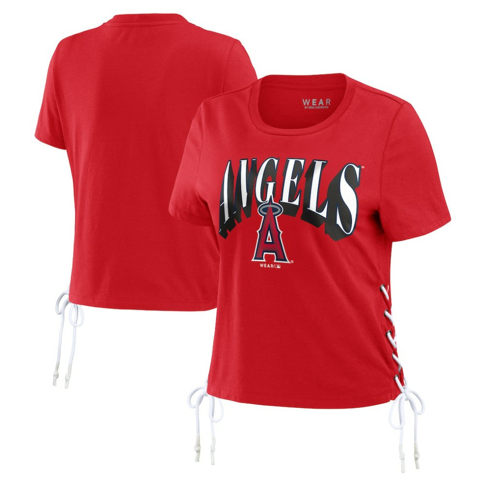 Los Angeles Angels WEAR by Erin Andrews Women's Side Lace-Up Cropped T-Shirt Outlet