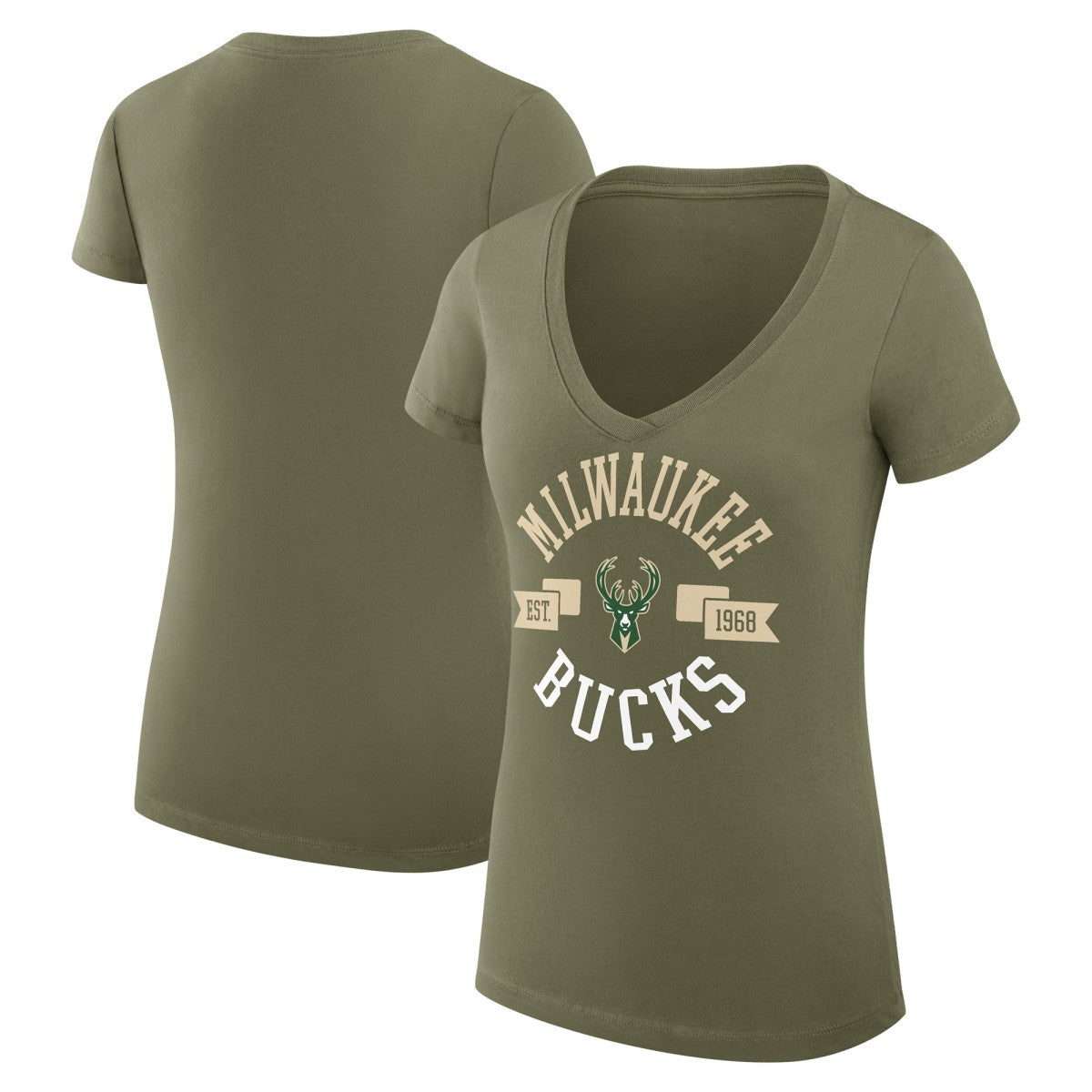 Milwaukee Bucks G-III 4Her by Carl Banks Women's Super-Slim Fit Lightweight Large City Logo V-Neck T-Shirt Olive