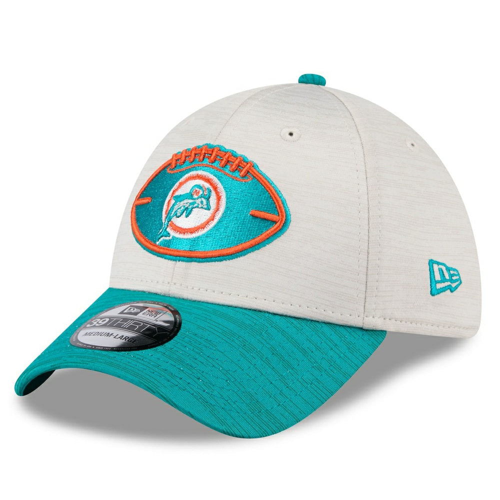 Miami Dolphins New Era 2024 Sideline Historic 39THIRTY Flex Hat - Stone/Aqua - NFL