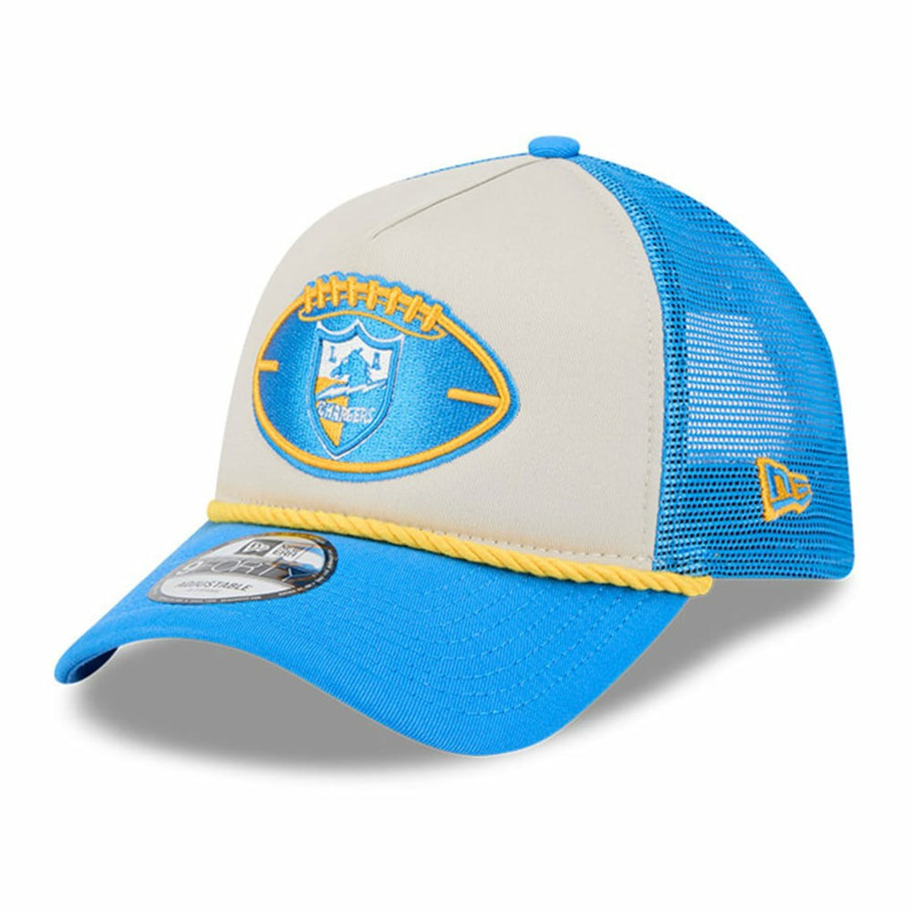 Los Angeles Chargers New Era 2024 Sideline Historic 9FORTY A-Frame Trucker Adjustable Hat - Stone/Powder Blue - NFL