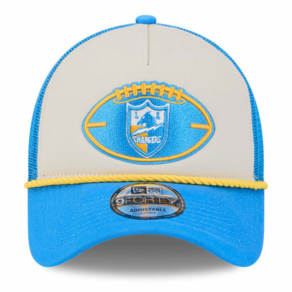 Los Angeles Chargers New Era 2024 Sideline Historic 9FORTY A-Frame Trucker Adjustable Hat - Stone/Powder Blue - NFL