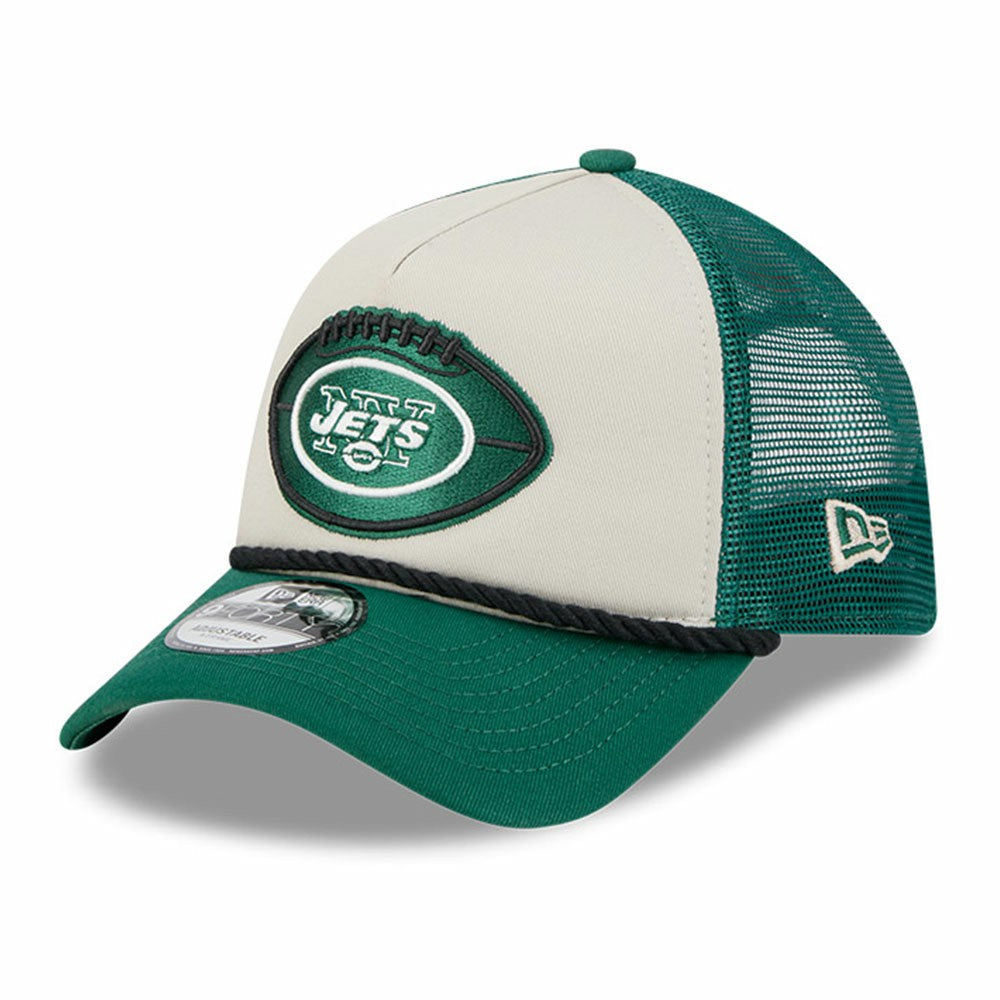 New York Jets New Era 2024 Sideline Historic 9FORTY A-Frame Trucker Adjustable Hat - Stone/Green - NFL