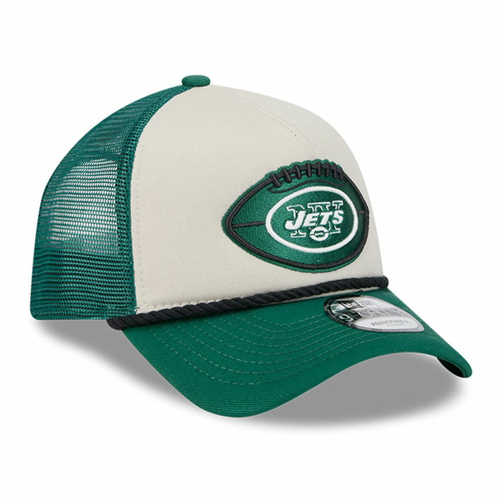New York Jets New Era 2024 Sideline Historic 9FORTY A-Frame Trucker Adjustable Hat - Stone/Green - NFL