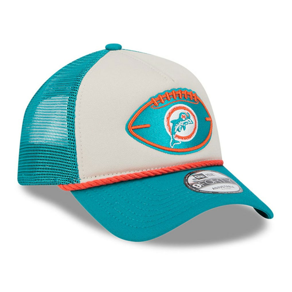Miami Dolphins New Era 2024 Sideline Historic 9FORTY A-Frame Trucker Adjustable Hat - Stone/Aqua - NFL