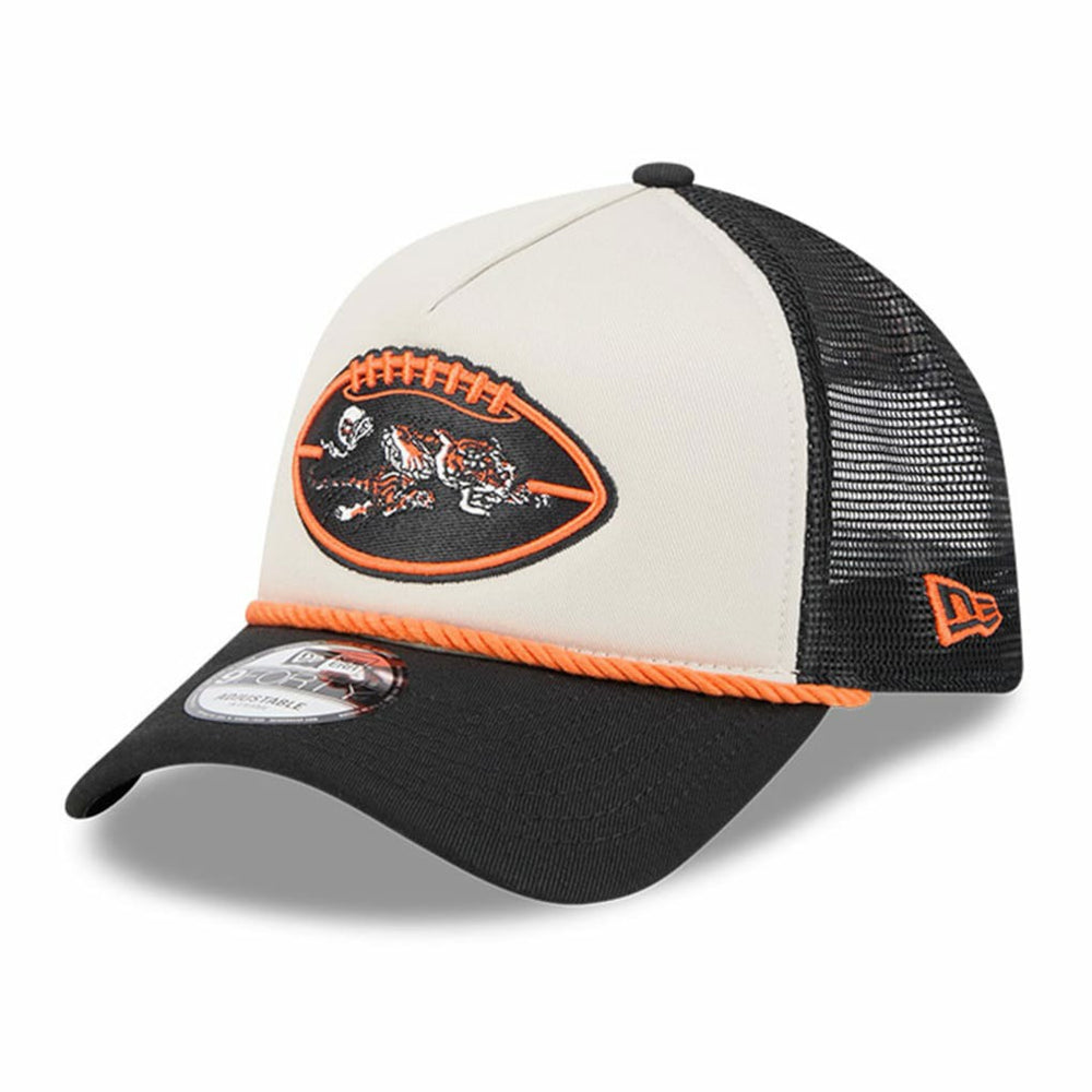 Cincinnati Bengals New Era 2024 Sideline Historic 9FORTY A-Frame Trucker Adjustable Hat - Stone/Black - NFL