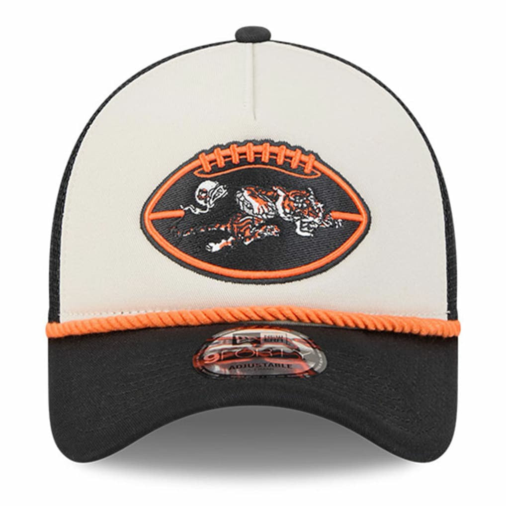 Cincinnati Bengals New Era 2024 Sideline Historic 9FORTY A-Frame Trucker Adjustable Hat - Stone/Black - NFL