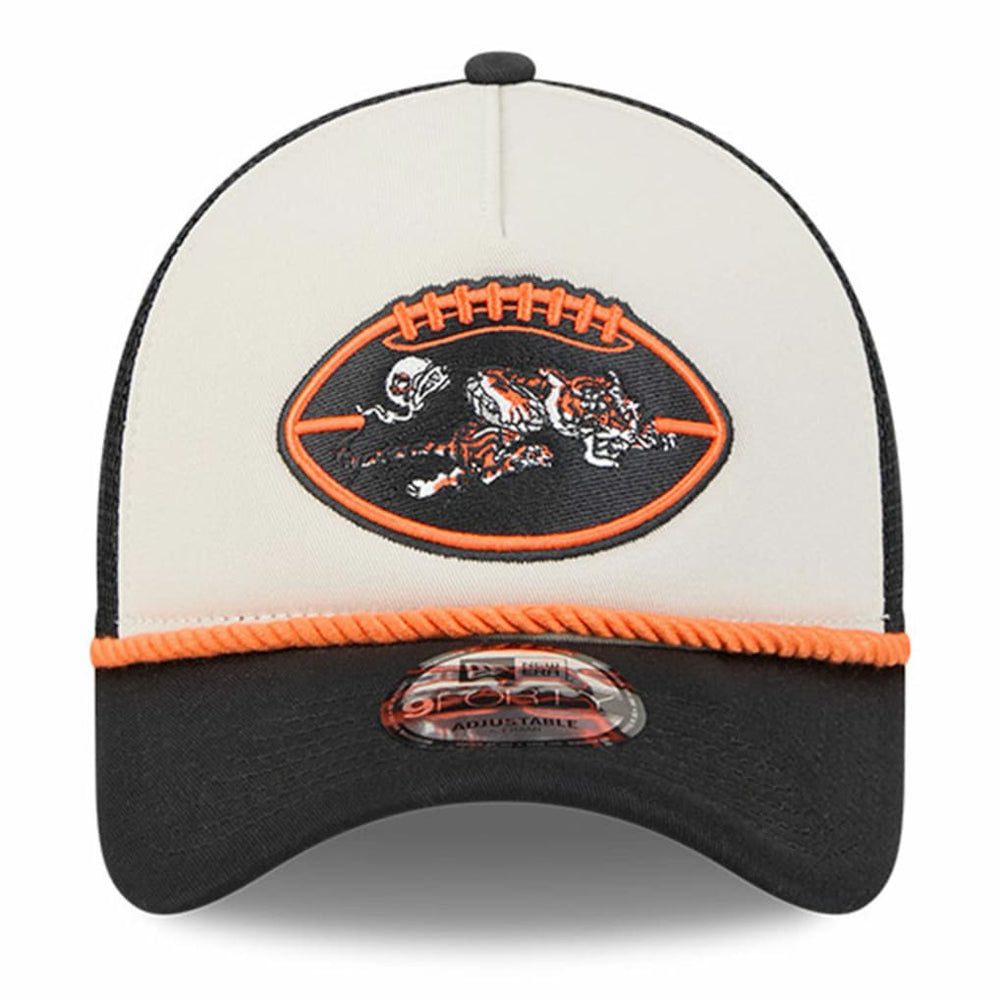 Cincinnati Bengals New Era 2024 Sideline Historic 9FORTY A-Frame Trucker Adjustable Hat - Stone/Black - NFL