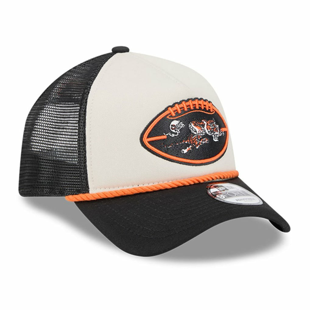 Cincinnati Bengals New Era 2024 Sideline Historic 9FORTY A-Frame Trucker Adjustable Hat - Stone/Black - NFL