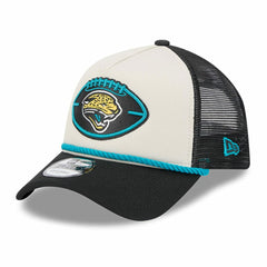 Jacksonville Jaguars New Era 2024 Sideline Historic 9FORTY A-Frame Trucker Adjustable Hat - Stone/Black - NFL