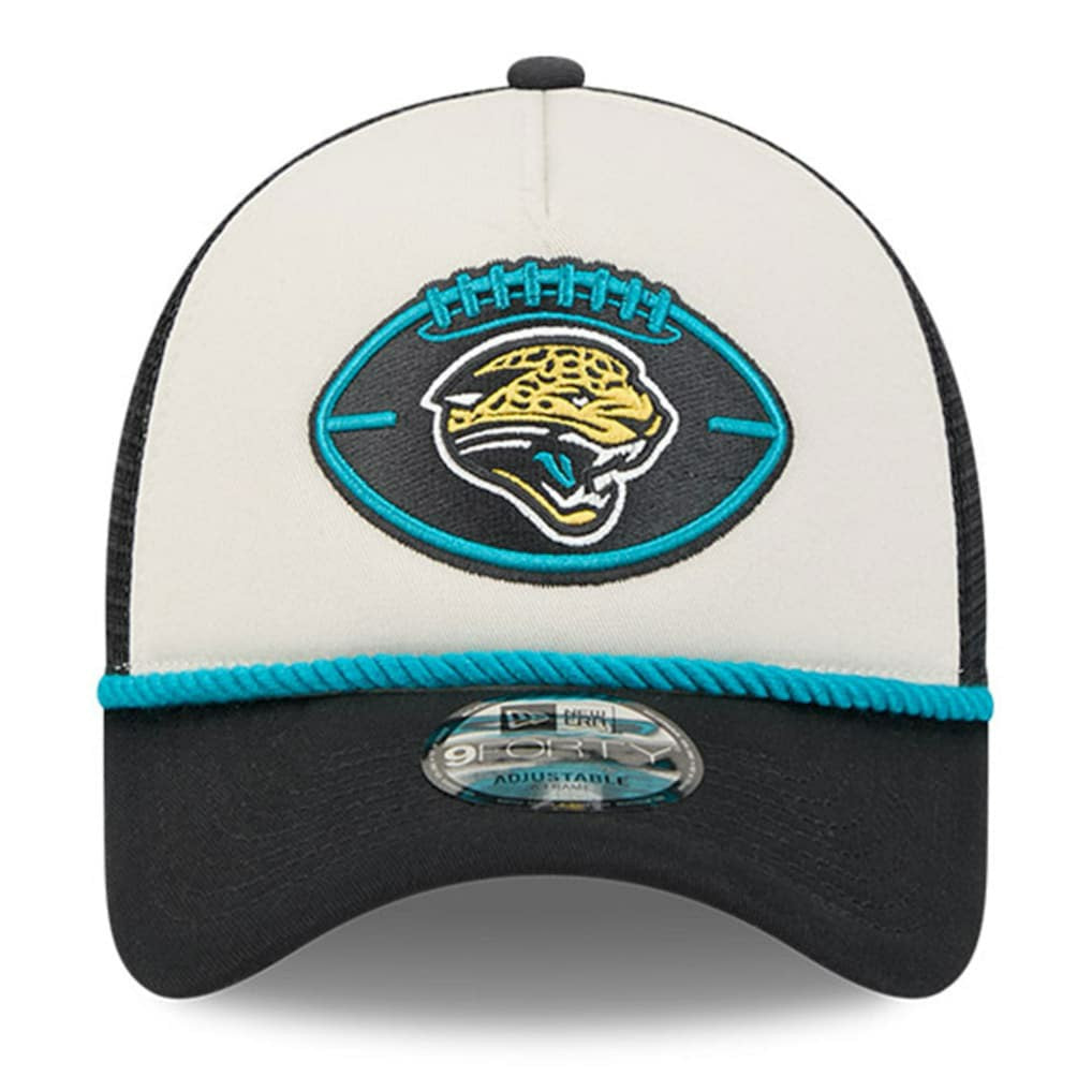 Jacksonville Jaguars New Era 2024 Sideline Historic 9FORTY A-Frame Trucker Adjustable Hat - Stone/Black - NFL