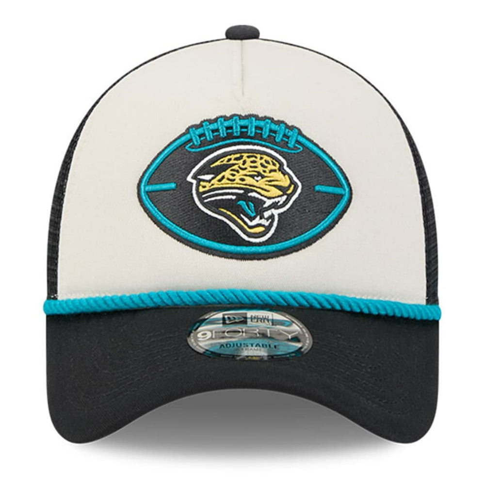 Jacksonville Jaguars New Era 2024 Sideline Historic 9FORTY A-Frame Trucker Adjustable Hat - Stone/Black - NFL