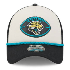 Jacksonville Jaguars New Era 2024 Sideline Historic 9FORTY A-Frame Trucker Adjustable Hat - Stone/Black - NFL