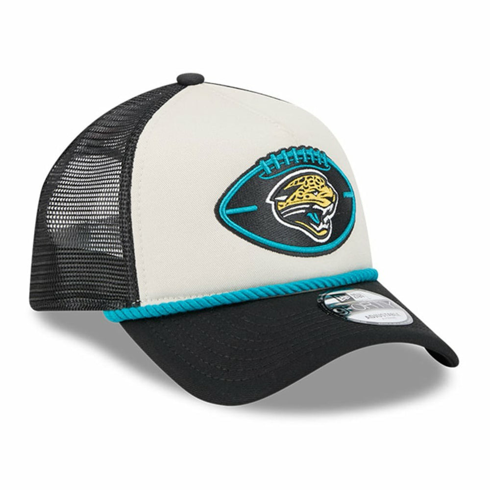 Jacksonville Jaguars New Era 2024 Sideline Historic 9FORTY A-Frame Trucker Adjustable Hat - Stone/Black - NFL