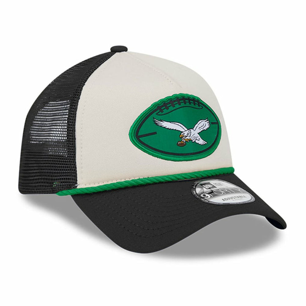 Philadelphia Eagles New Era 2024 Sideline Historic 9FORTY A-Frame Trucker Adjustable Hat - Stone/Black - NFL