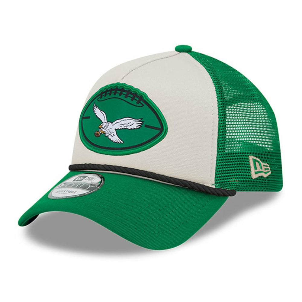 Philadelphia Eagles New Era 2024 Sideline Historic 9FORTY A-Frame Trucker Adjustable Hat - Stone/Kelly Green - NFL