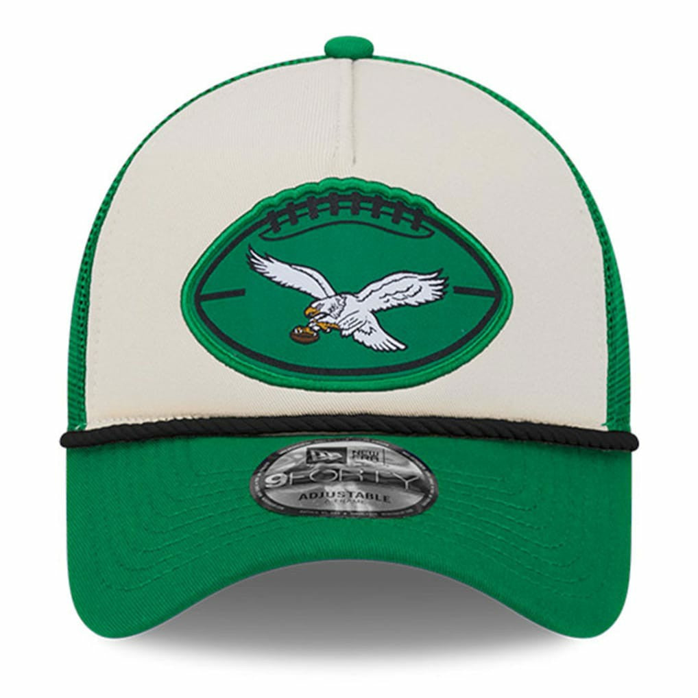 Philadelphia Eagles New Era 2024 Sideline Historic 9FORTY A-Frame Trucker Adjustable Hat - Stone/Kelly Green - NFL
