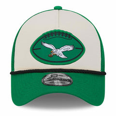 Philadelphia Eagles New Era 2024 Sideline Historic 9FORTY A-Frame Trucker Adjustable Hat - Stone/Kelly Green - NFL