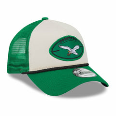 Philadelphia Eagles New Era 2024 Sideline Historic 9FORTY A-Frame Trucker Adjustable Hat - Stone/Kelly Green - NFL
