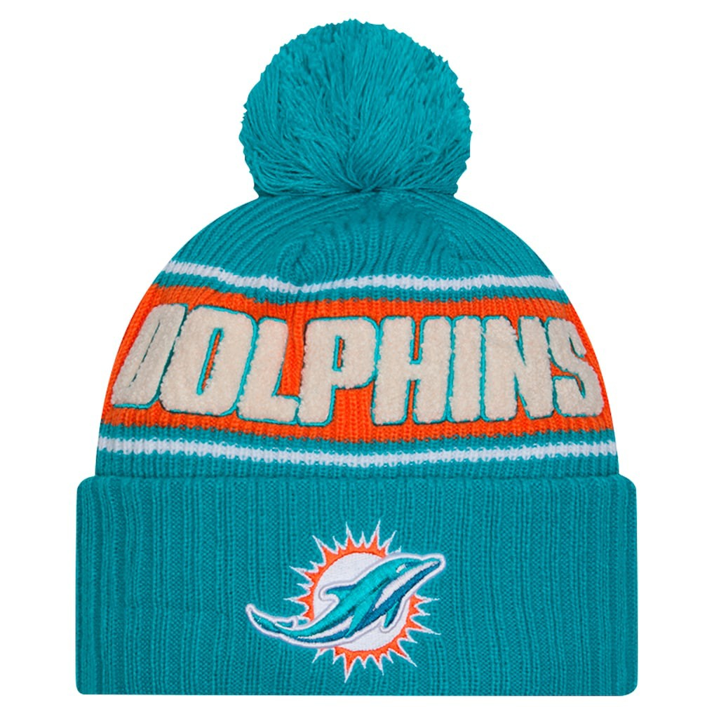 Miami Dolphins New Era 2024 Sideline Cuffed Knit Hat with Pom - Aqua - NFL