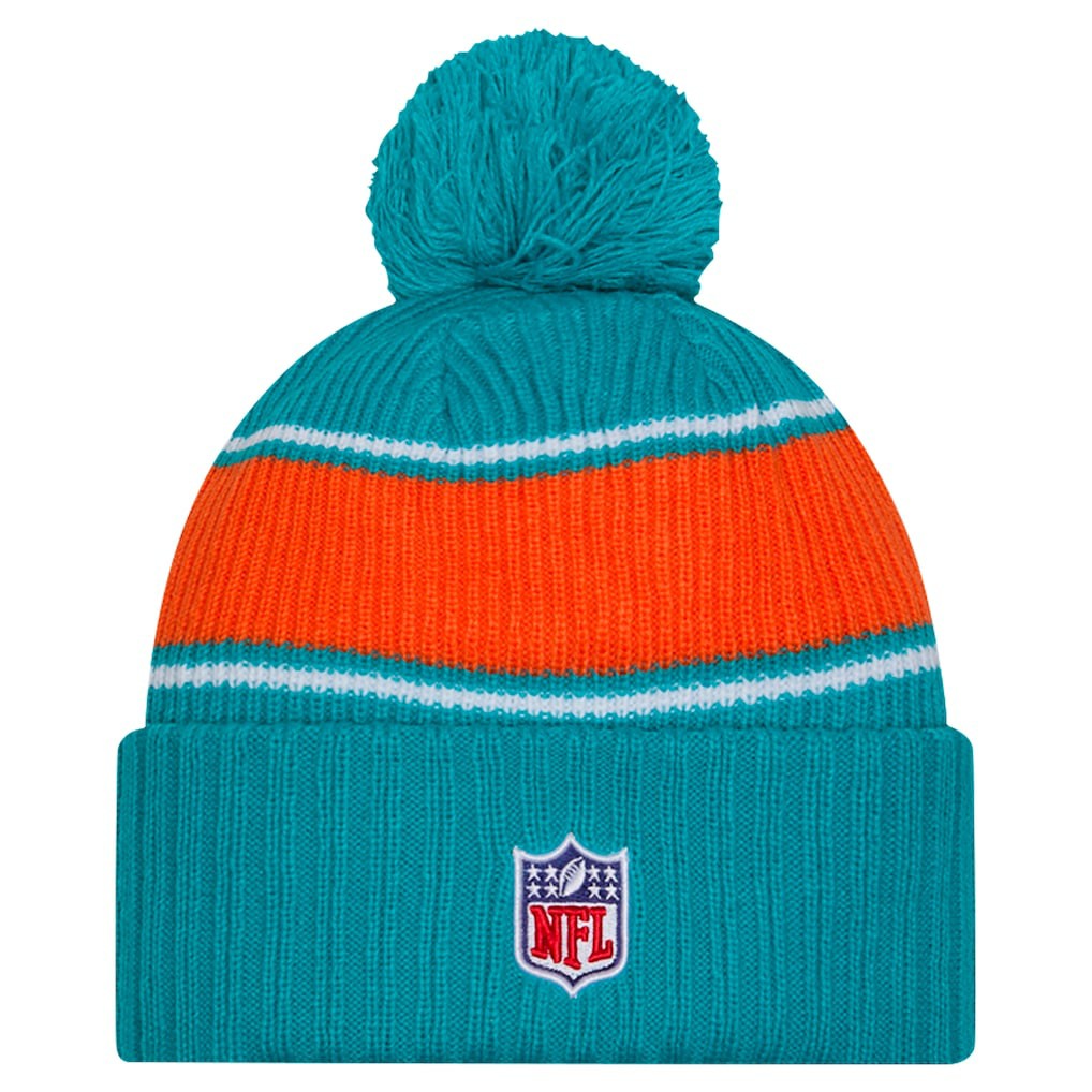 Miami Dolphins New Era 2024 Sideline Cuffed Knit Hat with Pom - Aqua - NFL