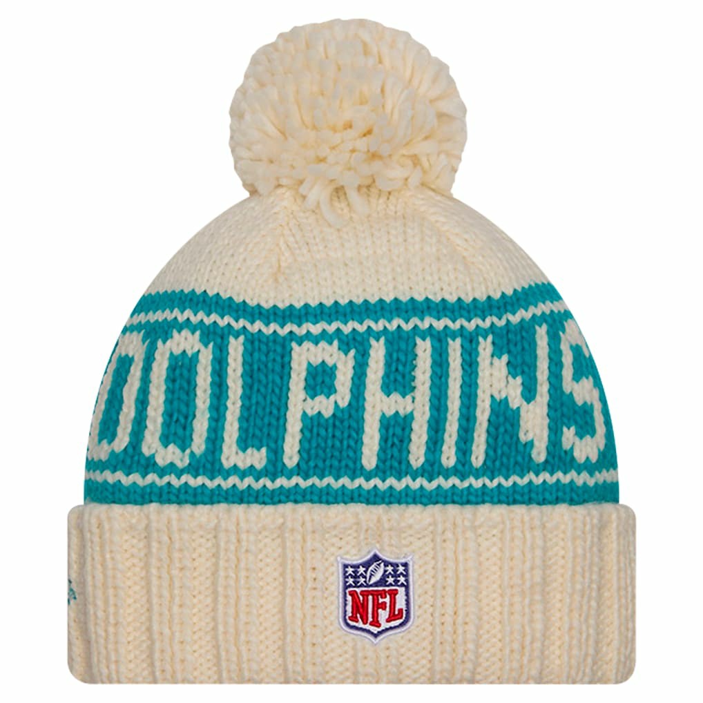 Miami Dolphins New Era Women's 2024 Sideline Cuffed Knit Hat with Pom - Cream - NFL