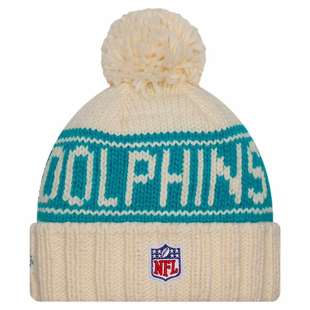 Miami Dolphins New Era Women's 2024 Sideline Cuffed Knit Hat with Pom - Cream - NFL
