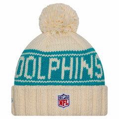Miami Dolphins New Era Women's 2024 Sideline Cuffed Knit Hat with Pom - Cream - NFL