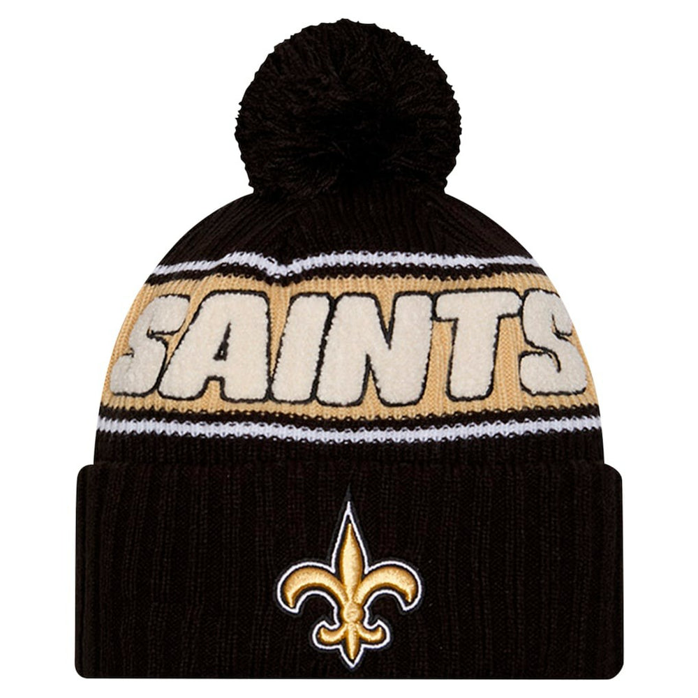New Orleans Saints New Era Youth 2024 Sideline Sport Cuffed Knit Hat with Pom - Black - NFL