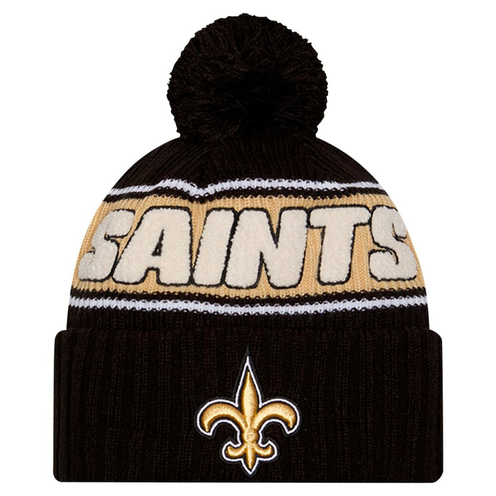 New Orleans Saints New Era Youth 2024 Sideline Sport Cuffed Knit Hat with Pom - Black - NFL