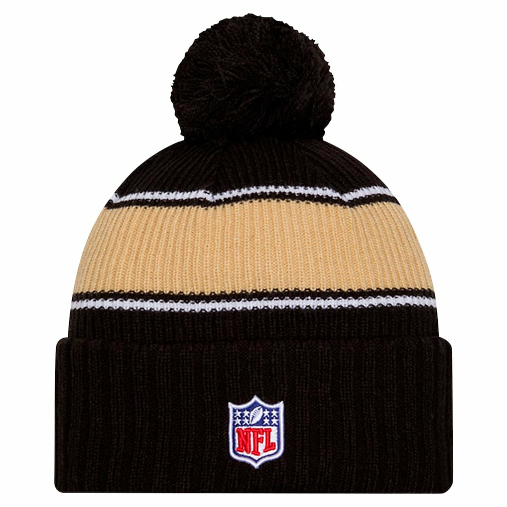 New Orleans Saints New Era Youth 2024 Sideline Sport Cuffed Knit Hat with Pom - Black - NFL