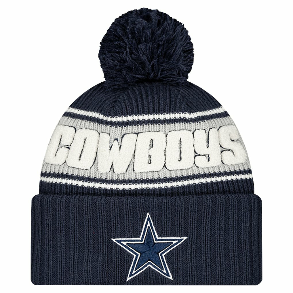 Dallas Cowboys New Era Youth 2024/25 Sideline Cuffed Knit Hat with Pom - Navy - NFL