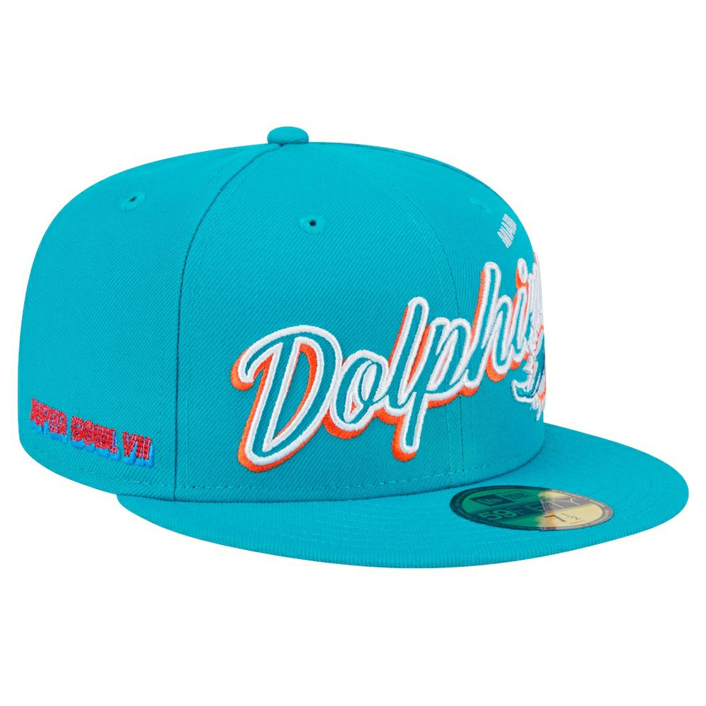 Miami Dolphins New Era Script Sided 59FIFTY Fitted Hat - Aqua - NFL